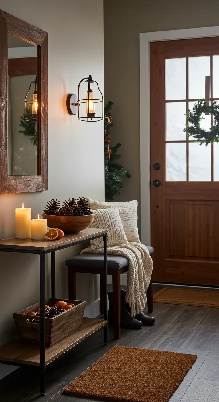 Entrée avec console en bois, miroir, bougies et pommes de pin