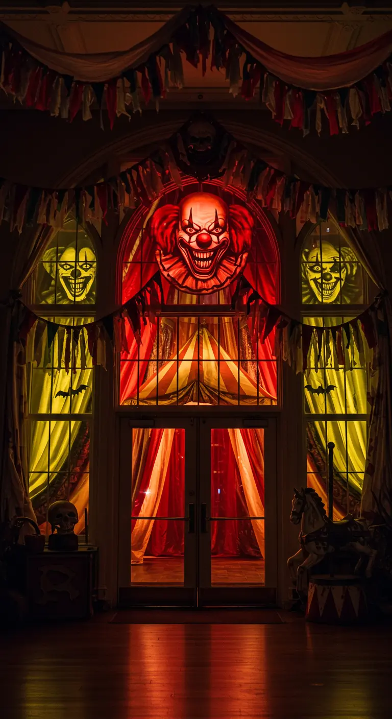 Entrée avec visage de clown effrayant et lumières jaunes et rouges.