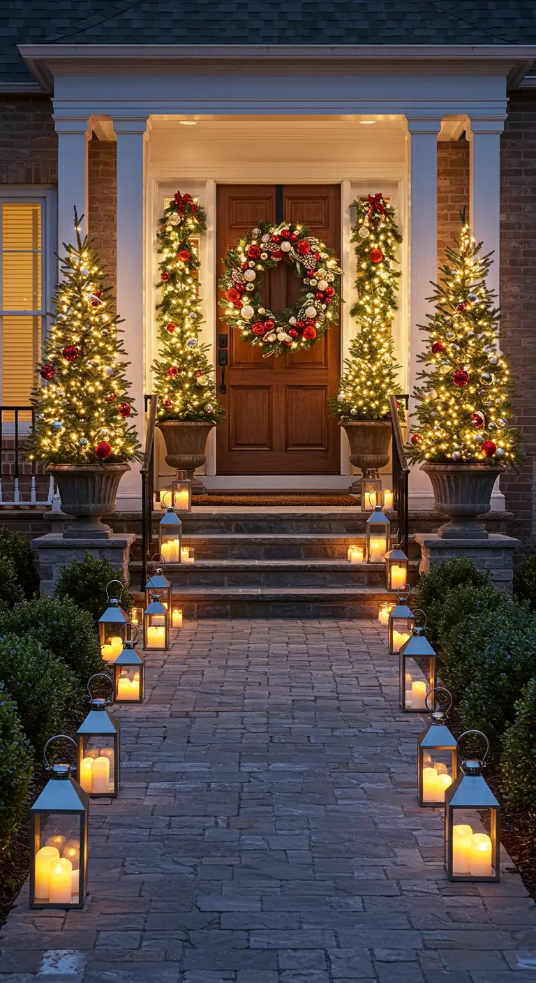 Entrée de maison décorée pour Noël avec sapins illuminés, couronne, guirlandes et chemin de lanternes.