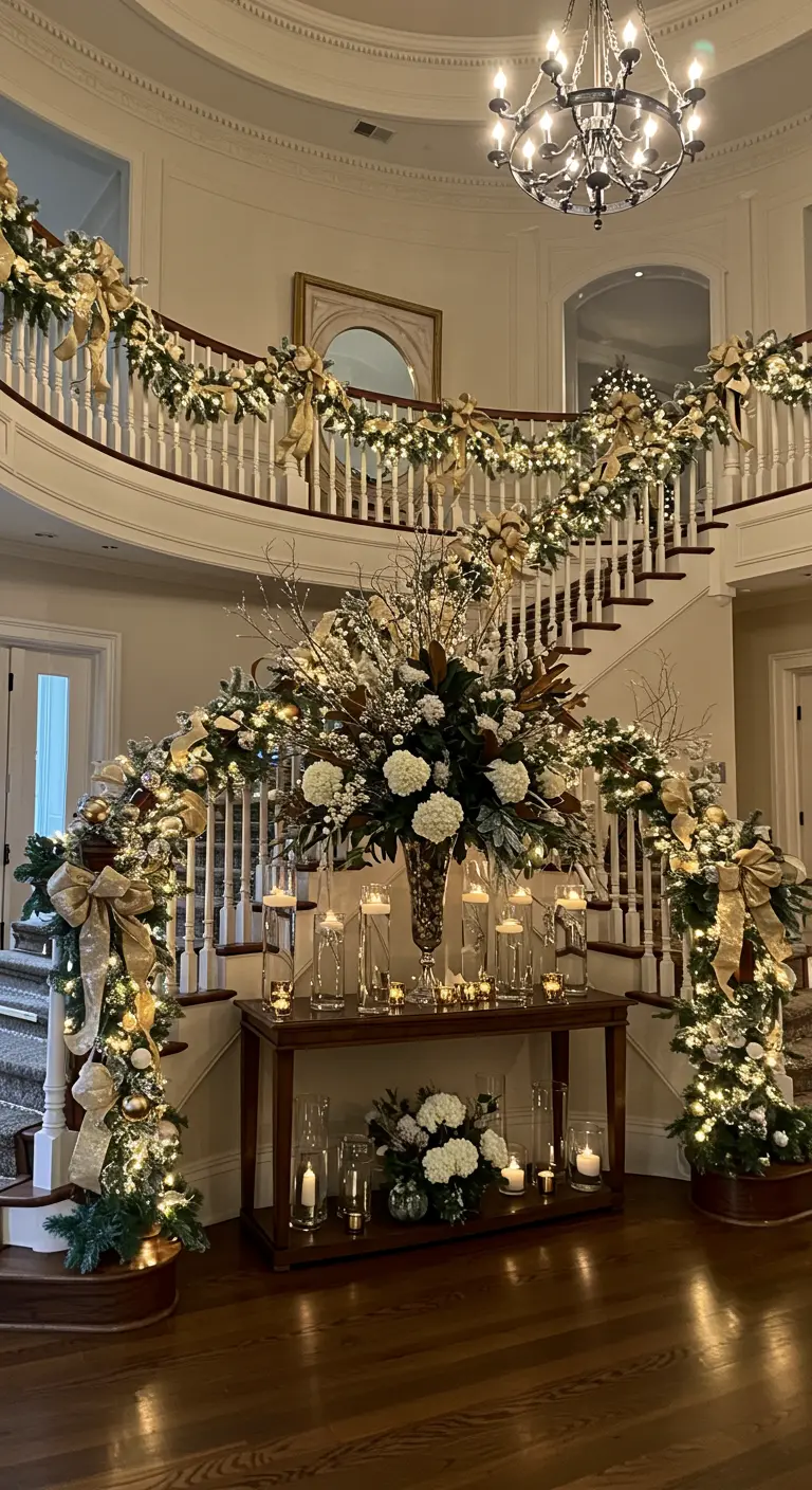 Hall d'entrée grandiose avec un escalier décoré de guirlandes lumineuses dorées.