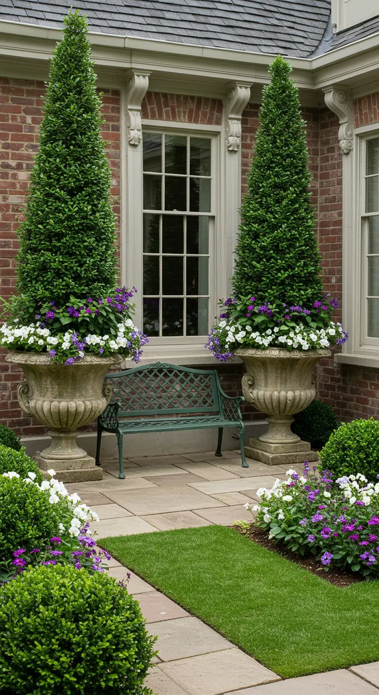 Entrée de jardin formelle avec deux grandes urnes contenant des topiaires et des fleurs violettes.