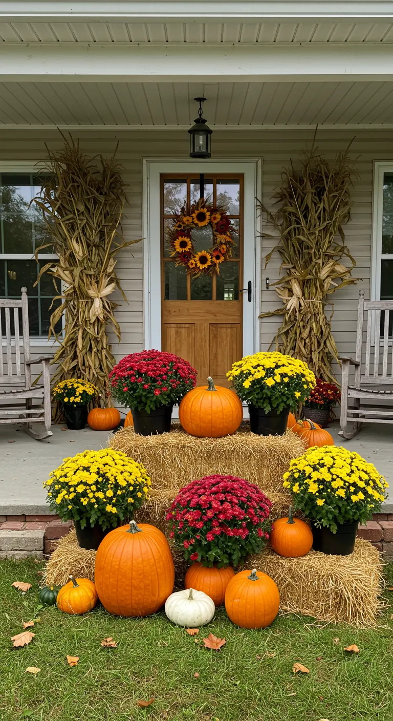 Porche décoré d'épis de maïs, bottes de paille, chrysanthèmes, citrouilles et une couronne de tournesols.