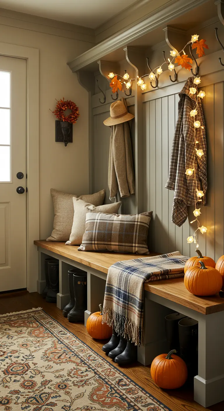 Banc d'entrée en bois avec coussins, plaid, citrouilles et guirlande