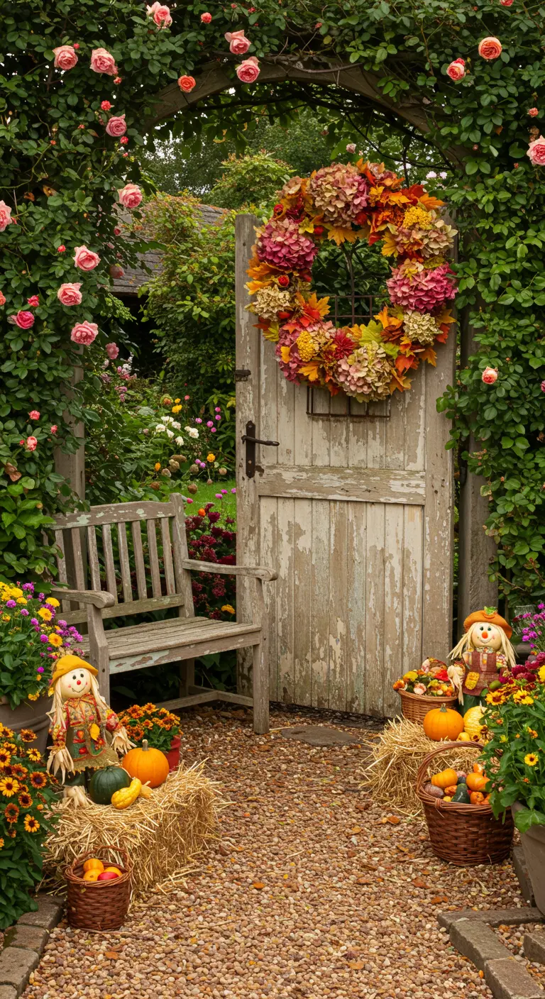 Porte de jardin en bois vieilli avec une couronne d'hortensias, entourée de bottes de paille, citrouilles et épouvantails.
