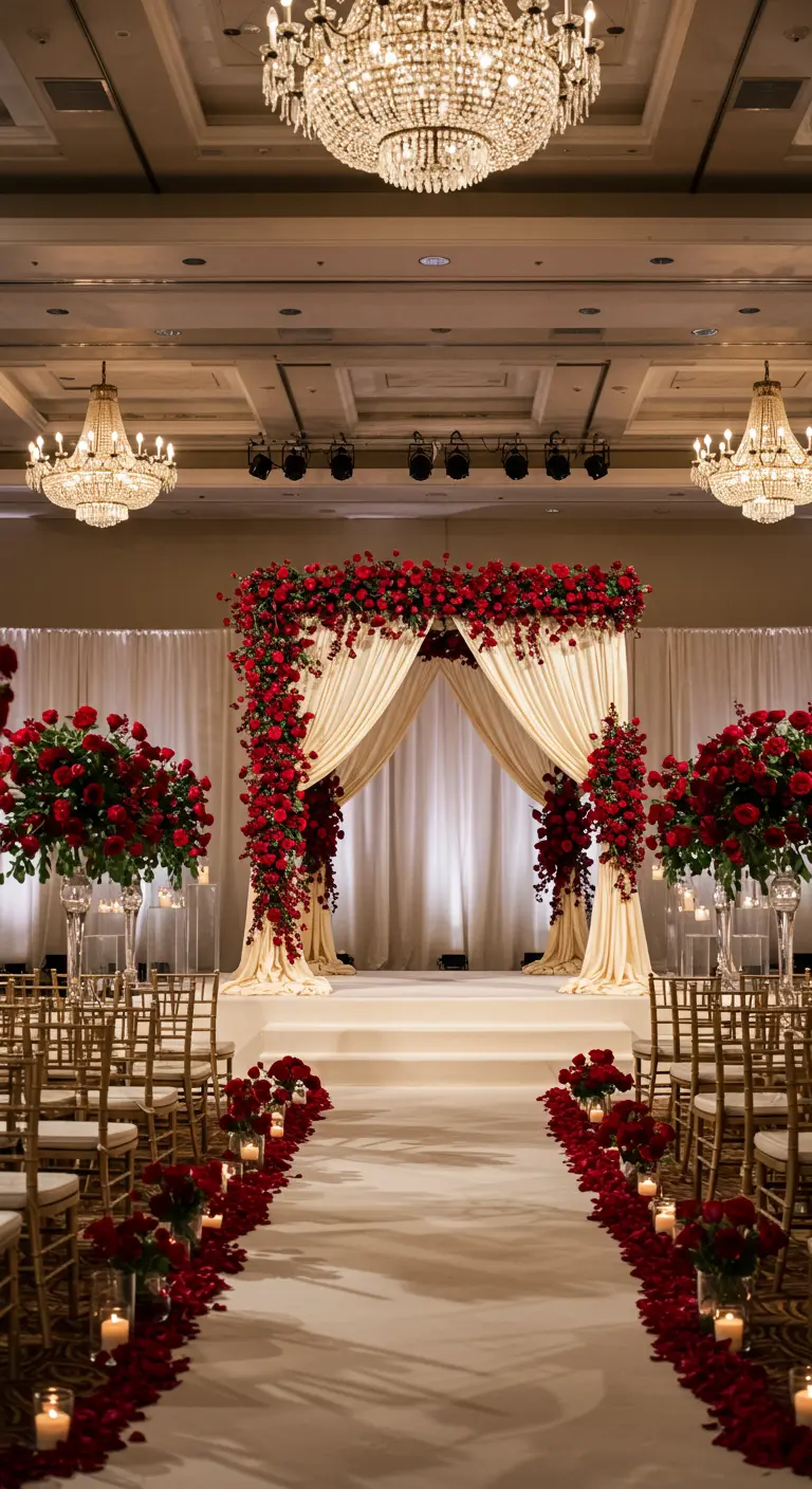 Arche de mariage intérieure rouge et crème avec roses, drapés satinés et bougies au sol.
