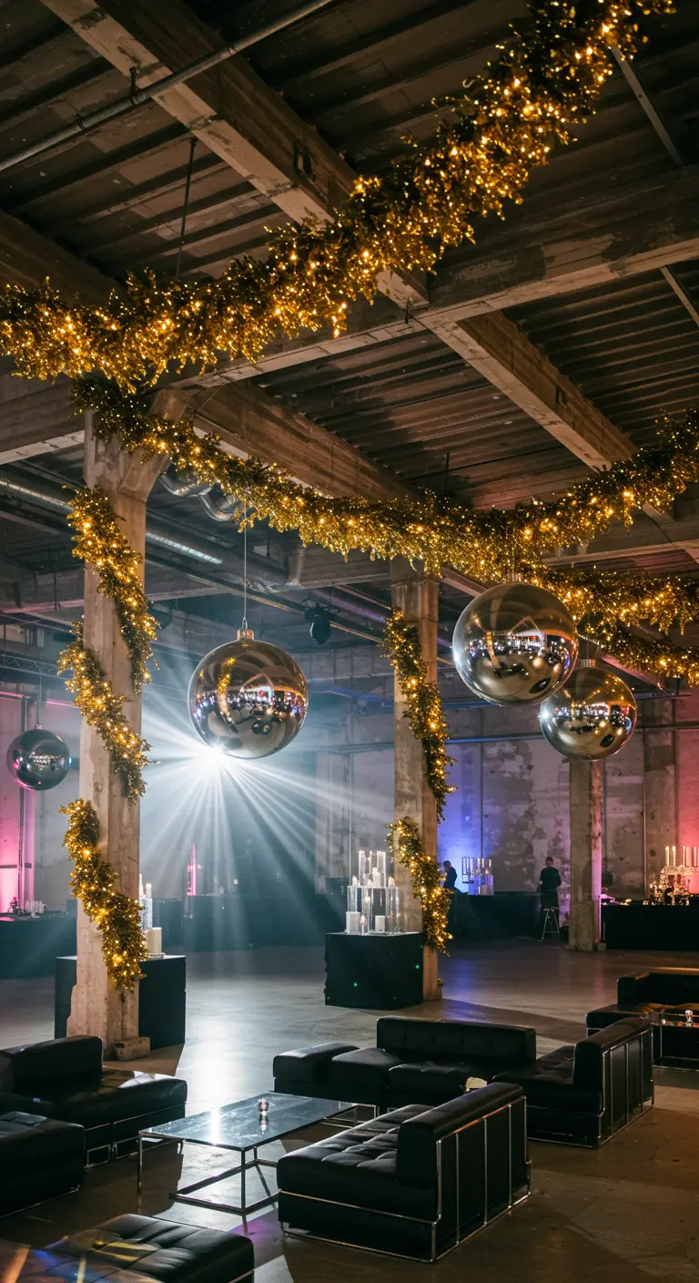 Grand entrepôt décoré de guirlandes dorées, boules miroir géantes et mobilier lounge noir.