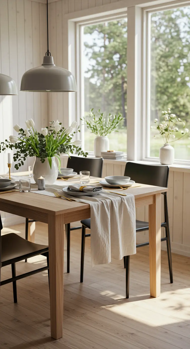 Salle à manger lumineuse et minimaliste avec une table en bois clair et des tulipes blanches.