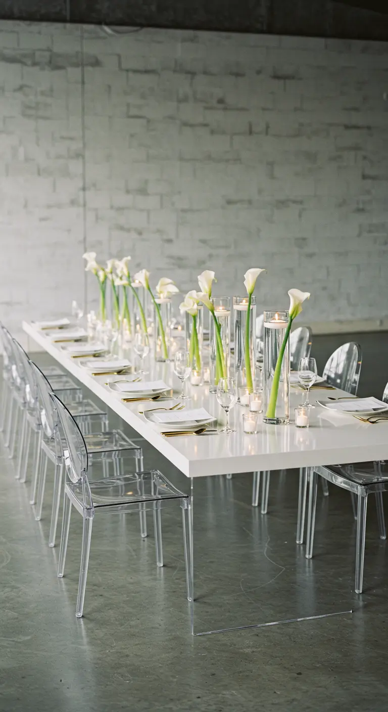 Table de mariage minimaliste avec chaises transparentes et arums blancs dans de hauts vases.
