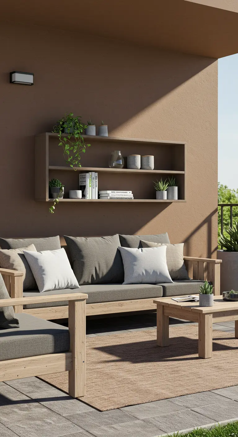 Étagère murale flottante simple sur un mur de terrasse moderne.