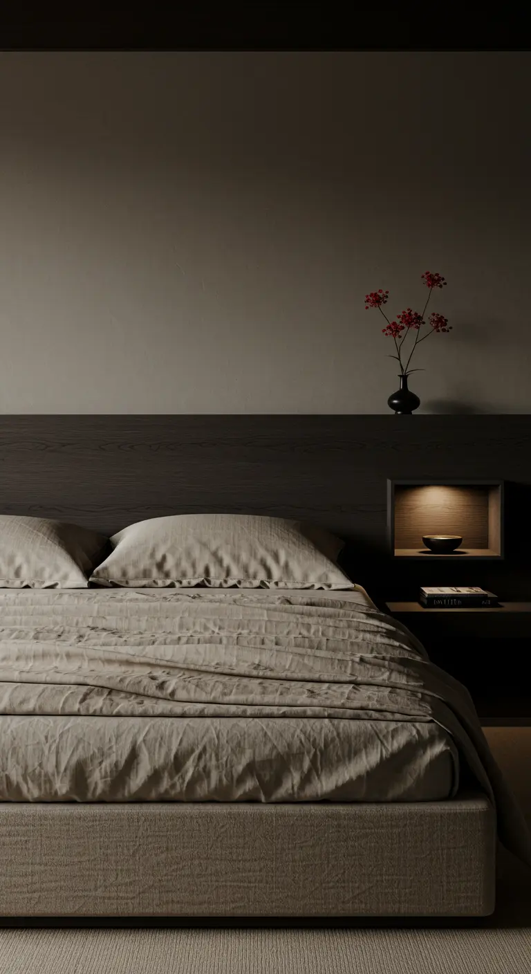 Une longue et fine tête de lit en bois sombre avec une niche de chevet intégrée.