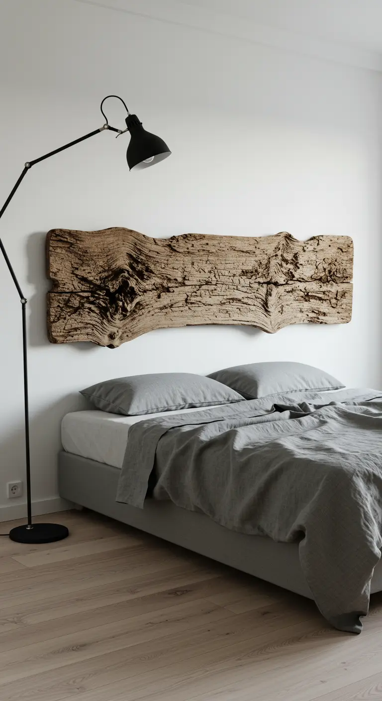 Une unique et large planche de bois flotté brut sert de tête de lit épurée.