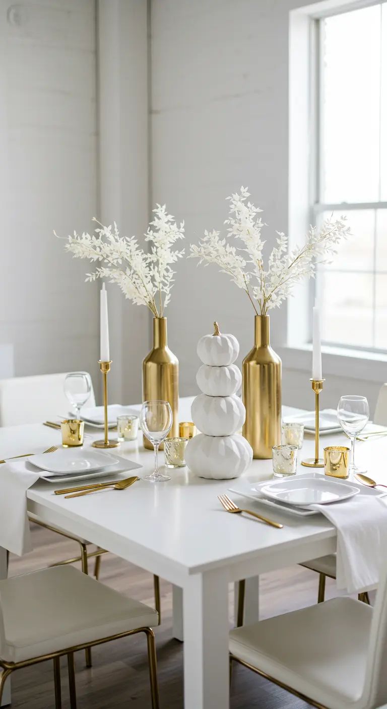 Table blanche minimaliste avec vases dorés, branches blanches, citrouilles blanches empilées et votives dorés.
