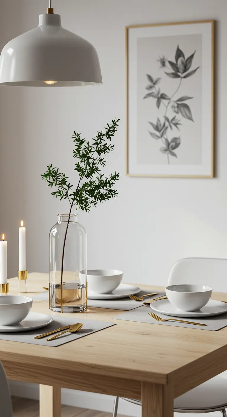 Table minimaliste avec vaisselle blanche, couverts dorés et une branche dans un vase.