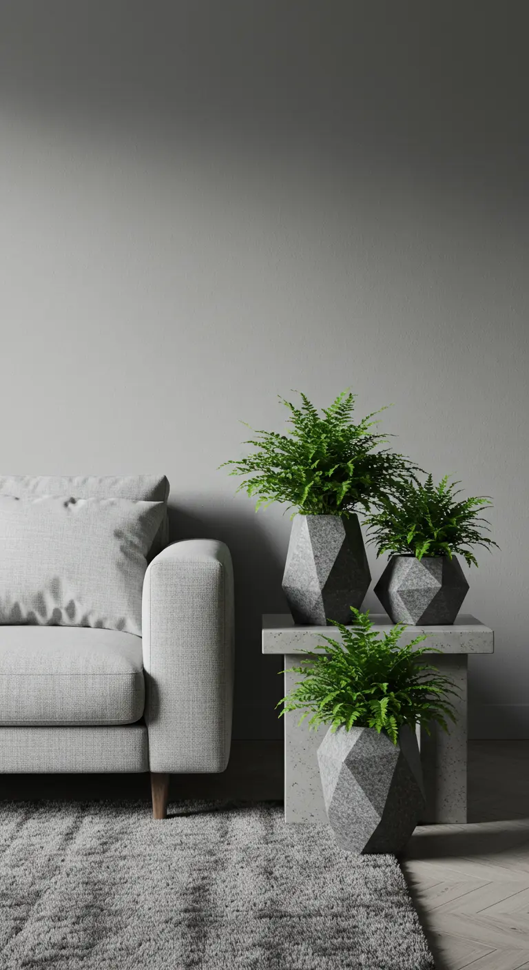 Trois fougères dans des pots en pierre géométriques gris à côté d'un canapé moderne.