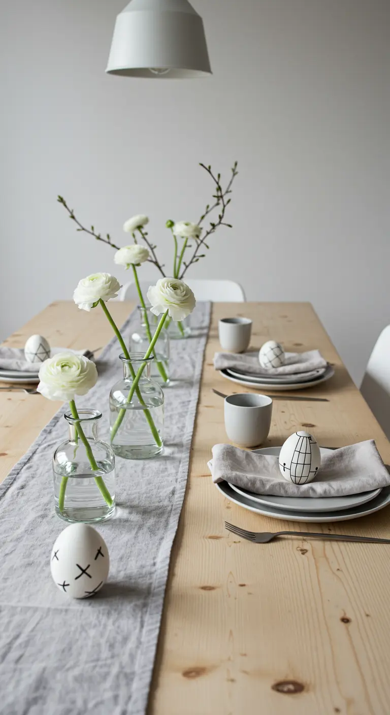 Table de Pâques minimaliste avec des œufs à motifs noirs et des renoncules blanches.