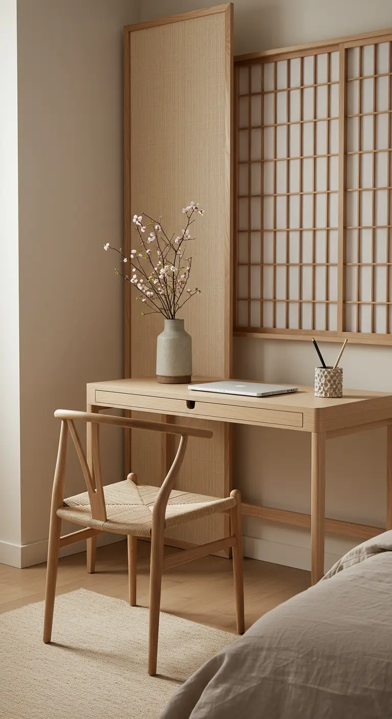 Bureau en bois clair de style Japandi avec une chaise en corde tressée et un vase.
