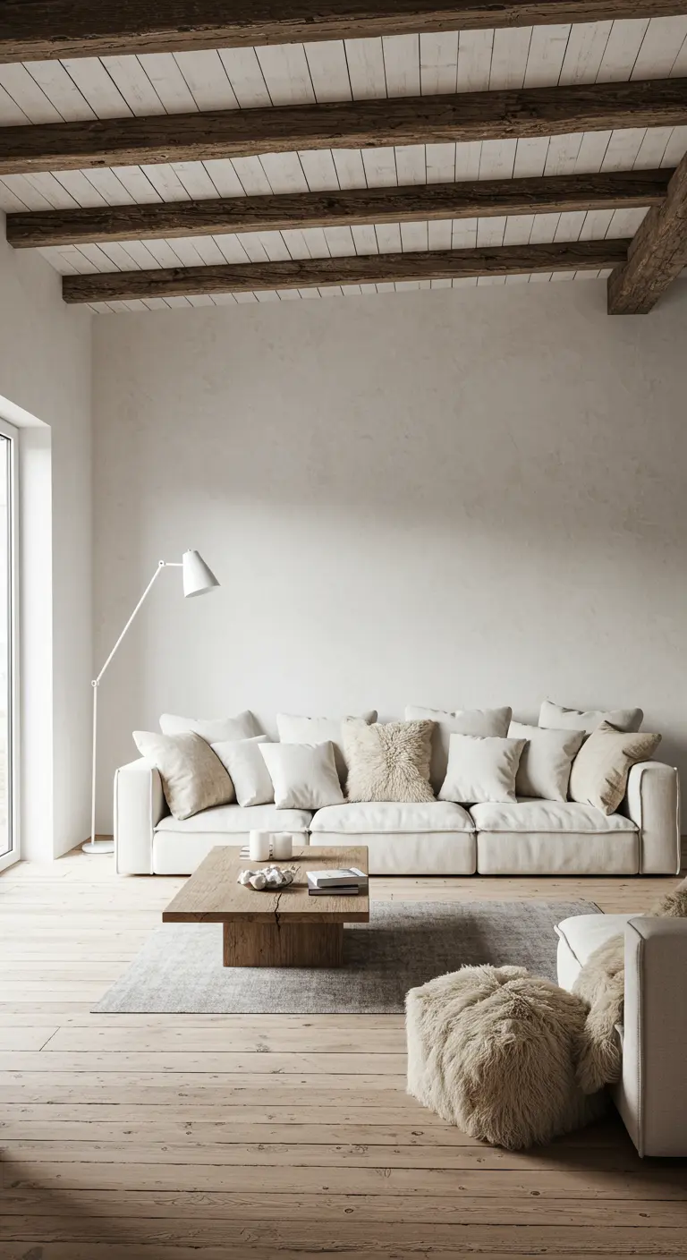 Salon minimaliste avec poutres apparentes, canapé blanc et poufs en fausse fourrure.