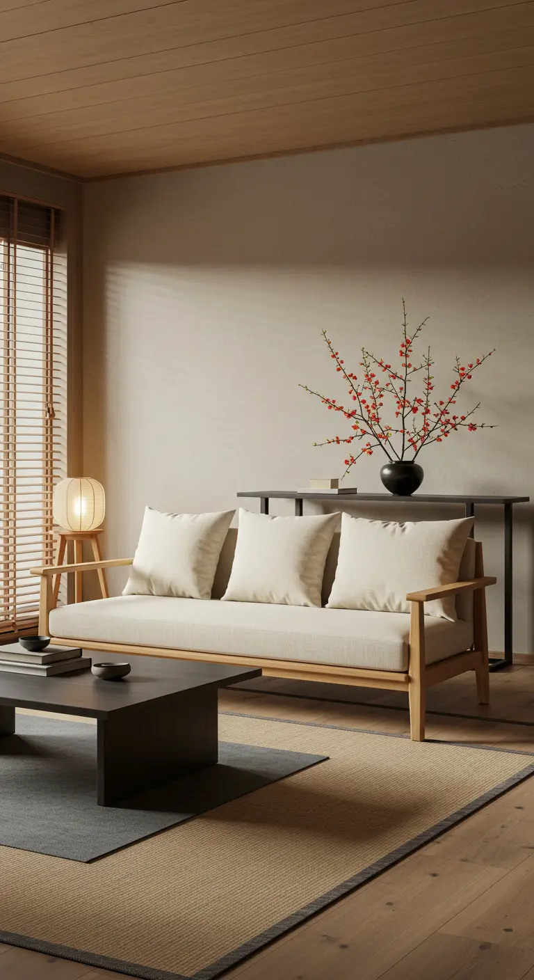 Salon de style Japandi avec canapé en bois clair et branches de cognassier du Japon