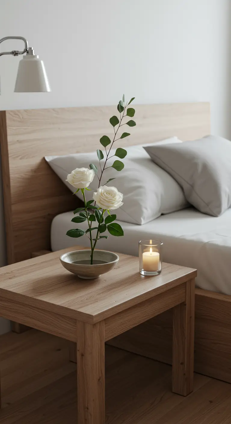 Composition minimaliste de roses blanches sur une table de chevet en bois.