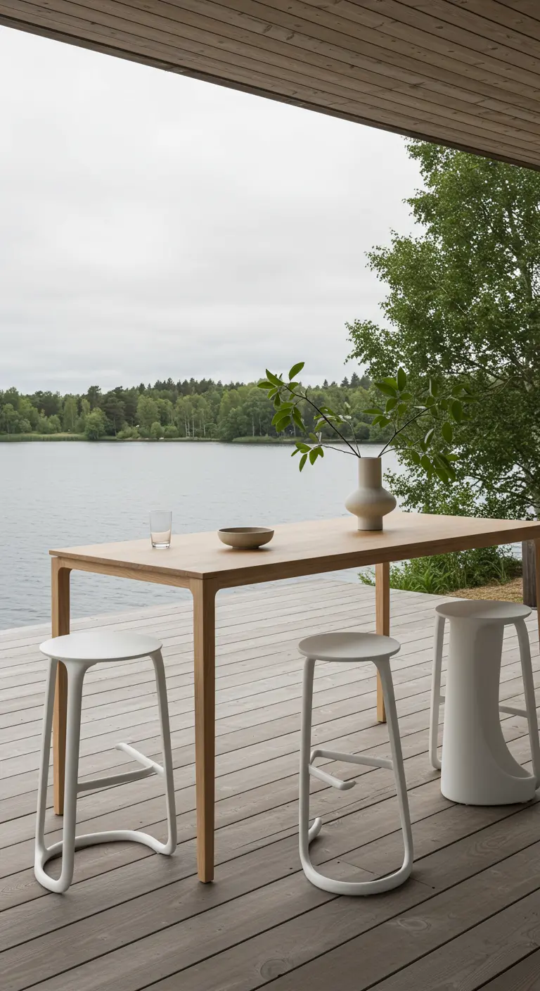 Table haute scandinave en bois clair sur une terrasse au bord d'un lac.