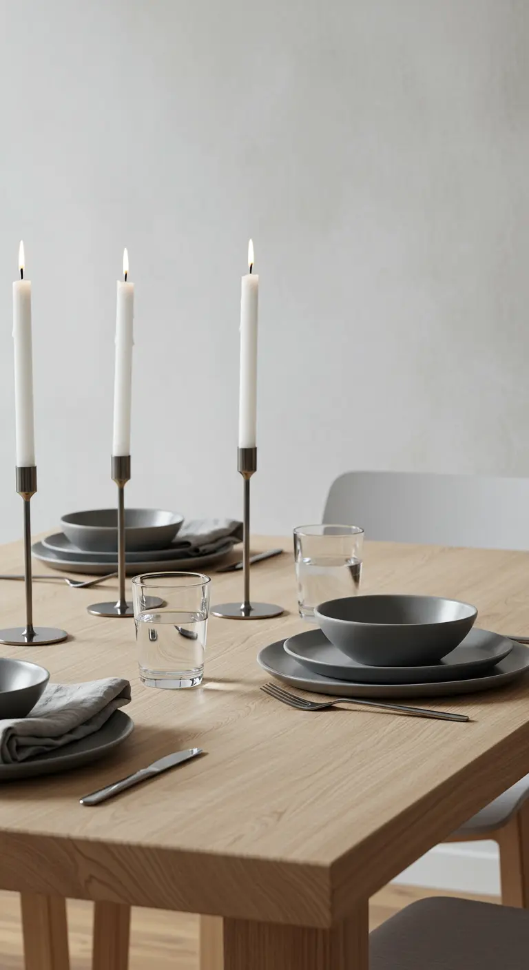 Table en bois clair minimaliste, vaisselle grise et chandeliers fins.