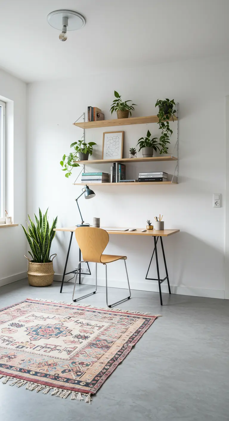 Bureau de style scandinave avec étagères murales, plantes et tapis kilim.