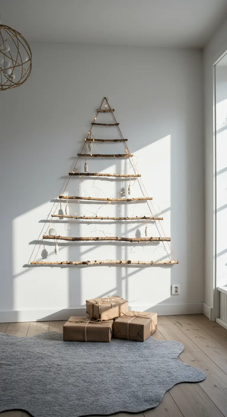 Sapin mural minimaliste fait de branches de bois horizontales, suspendu sur un mur blanc.