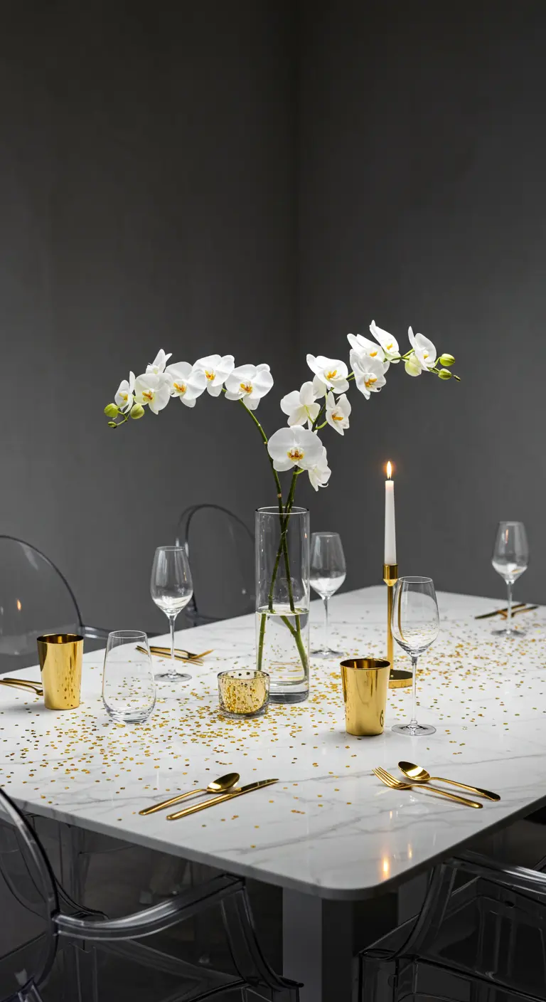 Table de fête minimaliste avec une orchidée blanche, des confettis et des touches dorées.
