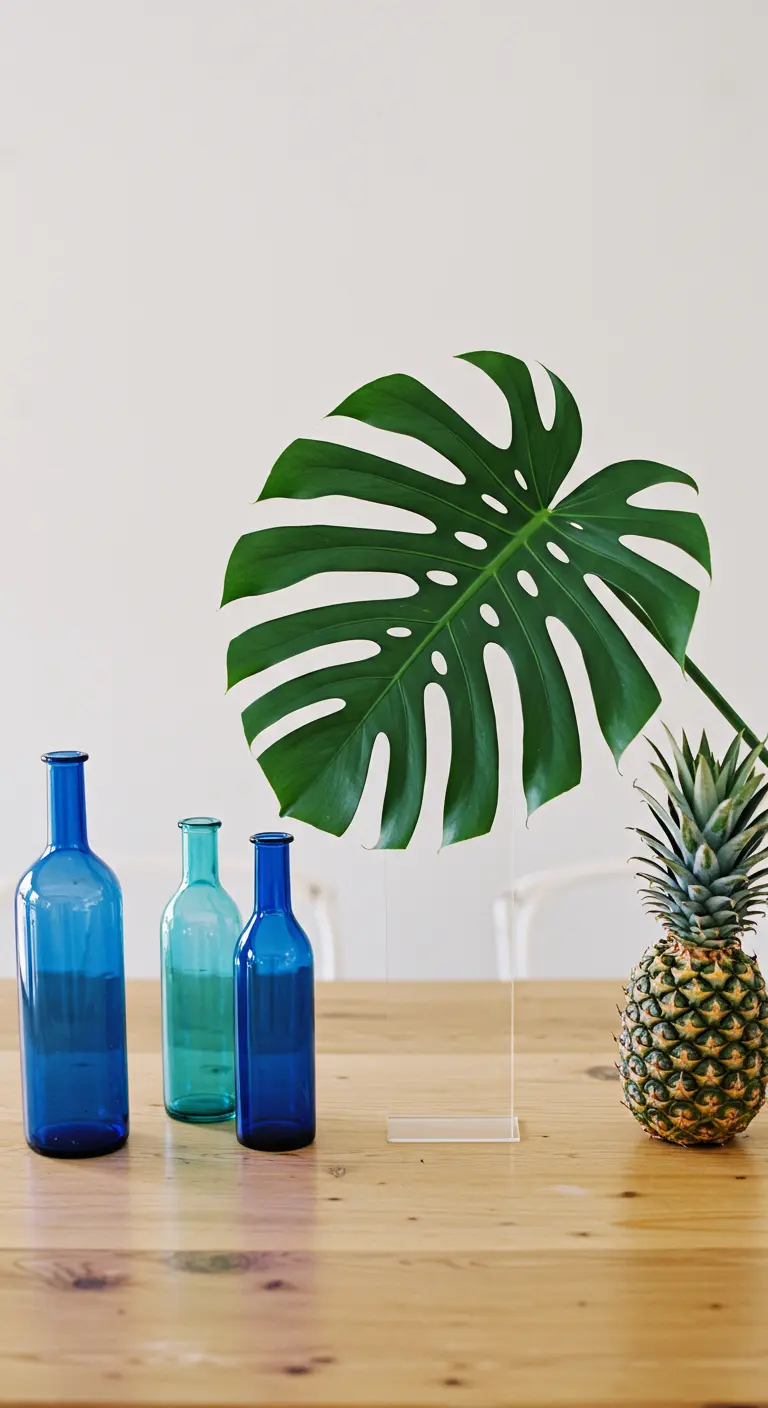 Composition minimaliste avec une feuille de monstera, un ananas et des bouteilles bleues.