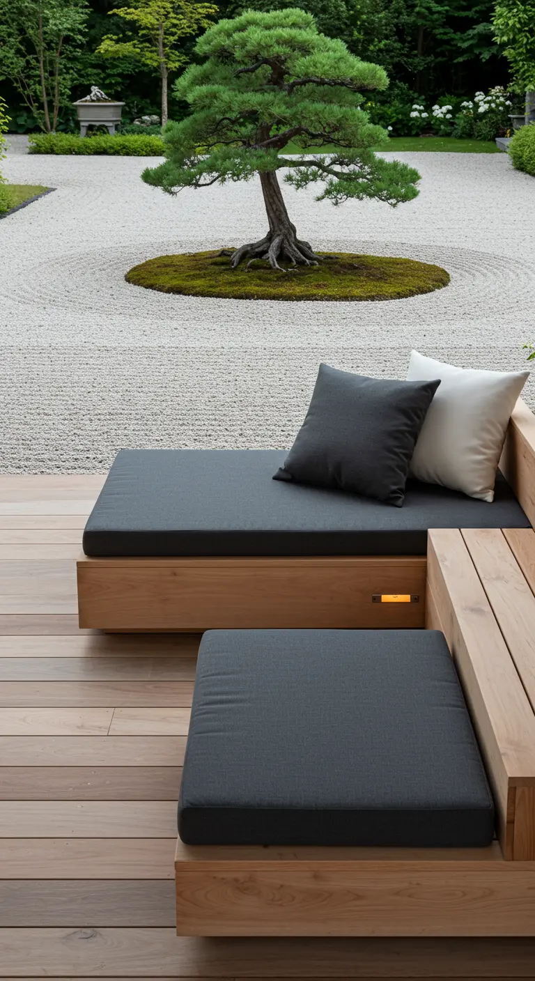 Banquette en bois clair et coussins sombres devant un jardin zen avec bonsaï.