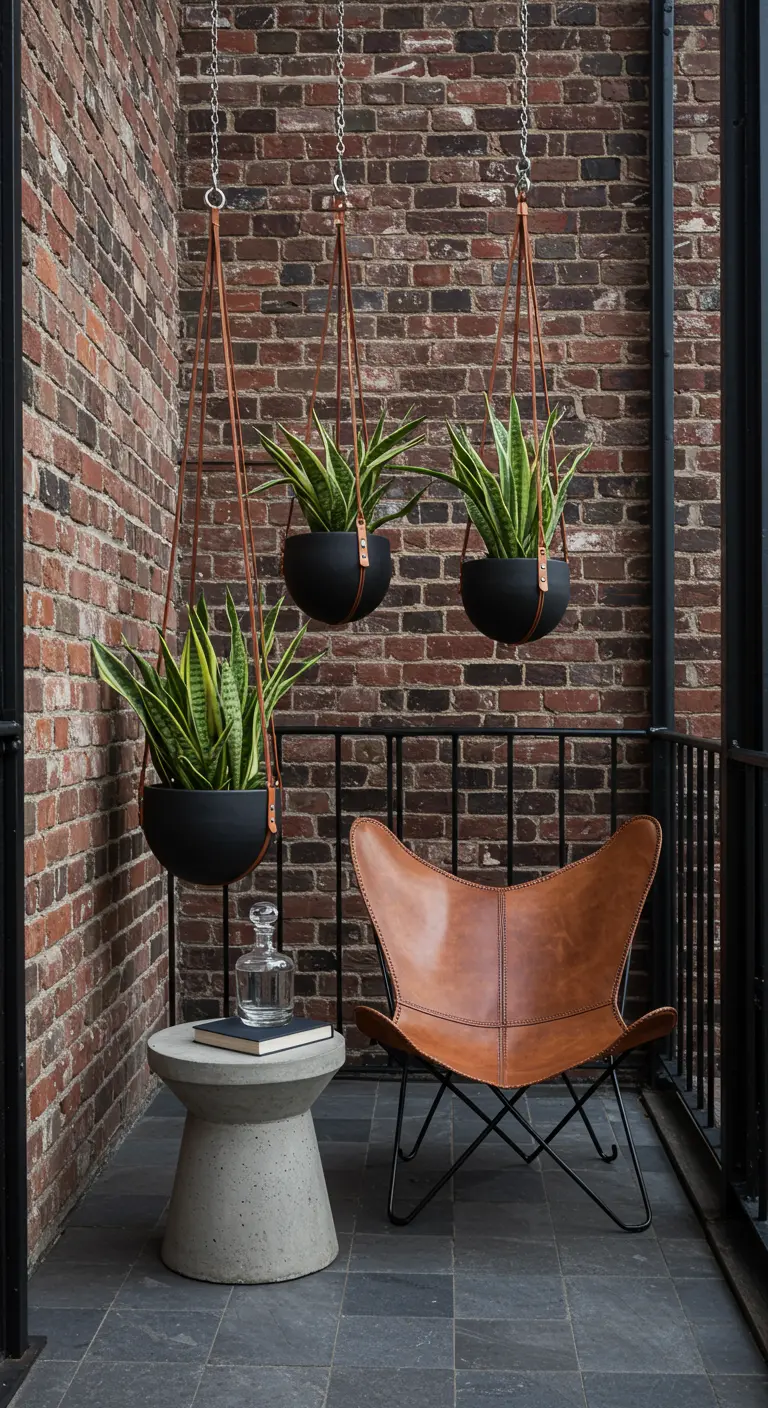 Pots noirs suspendus par des lanières en cuir contenant des sansevierias.