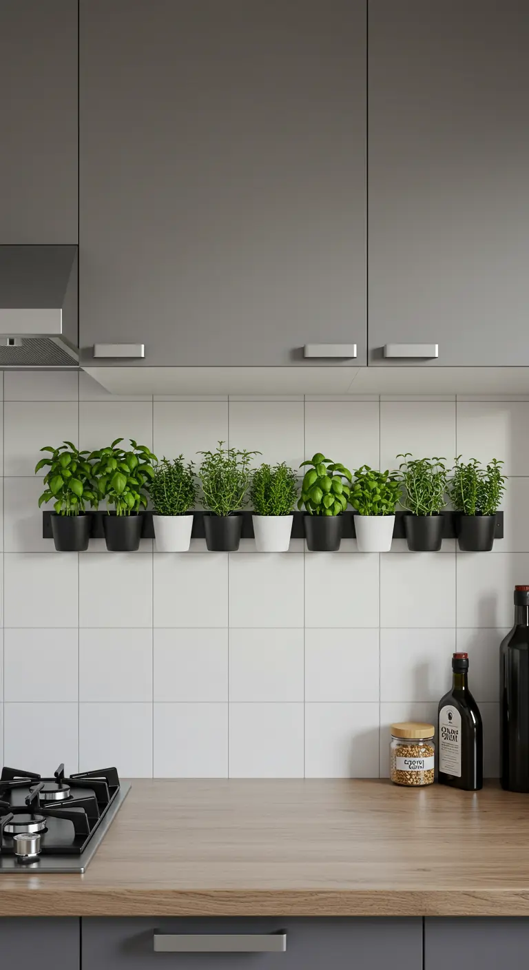 Rangée de pots noirs et blancs avec herbes fraîches sur une étagère longue devant un mur carrelé blanc.