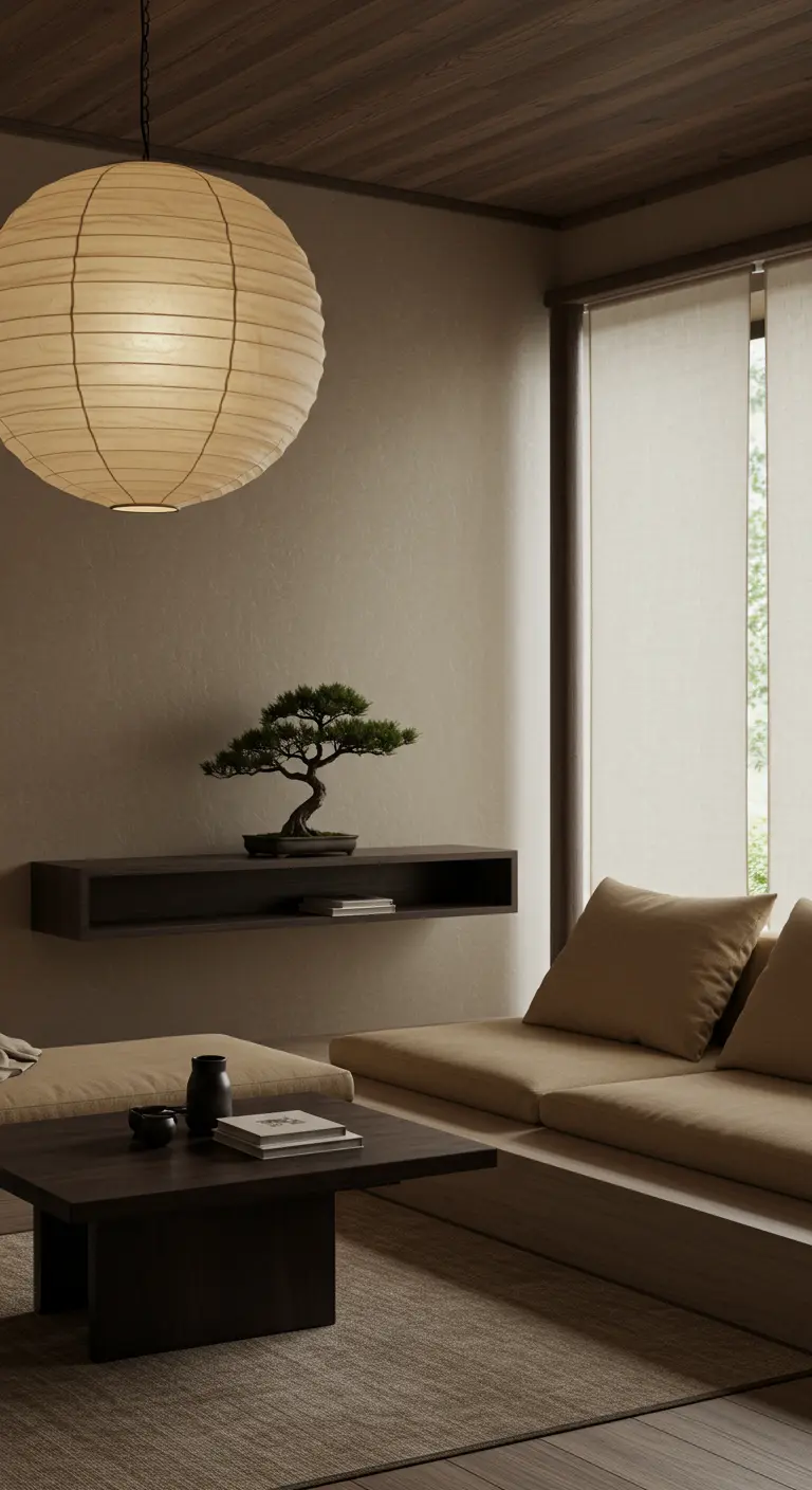 Salon d'inspiration japonaise avec assises basses, bonsaï et lanterne en papier.