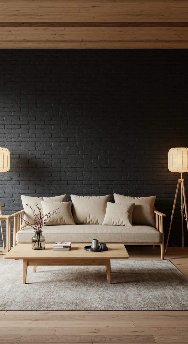 Salon de style Japandi avec un mur de briques noires et un mobilier en bois clair.