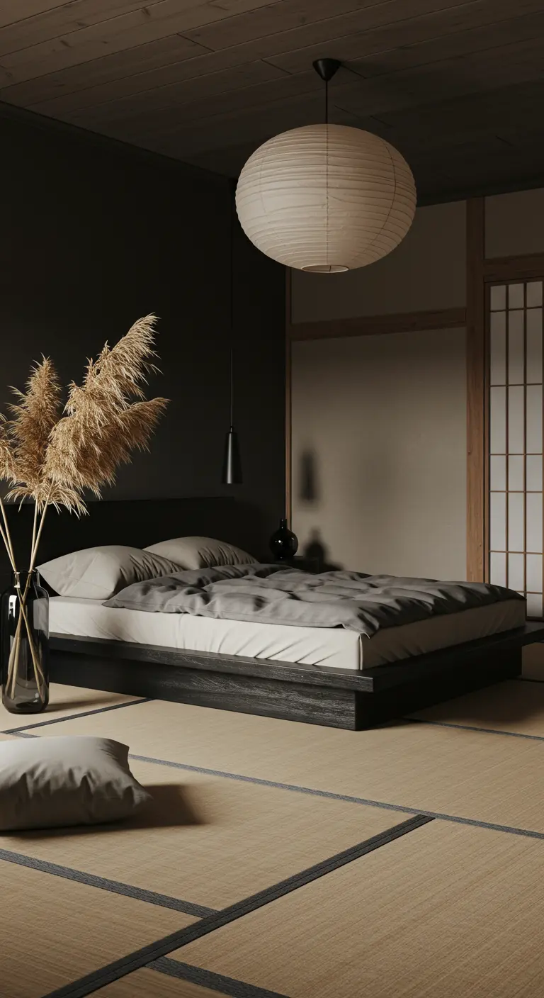 Chambre Japandi avec murs sombres, lit bas, lanterne en papier et herbe de la pampa.