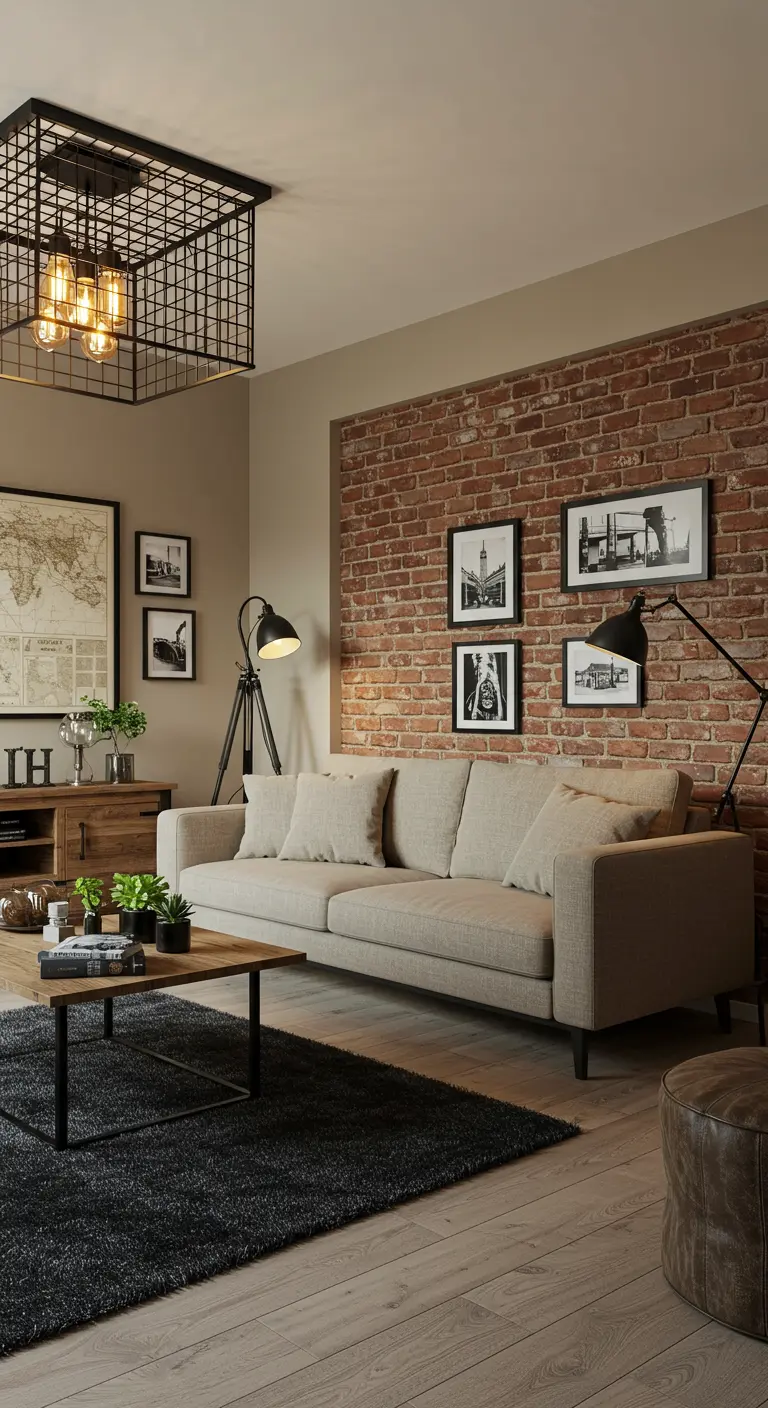 Salon avec mur de briques, canapé gris clair, tapis noir, suspension cage et lampadaires industriels.