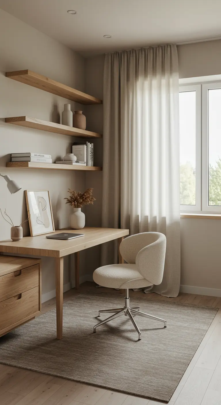 Bureau en bois clair avec étagères flottantes et chaise bouclé blanche.