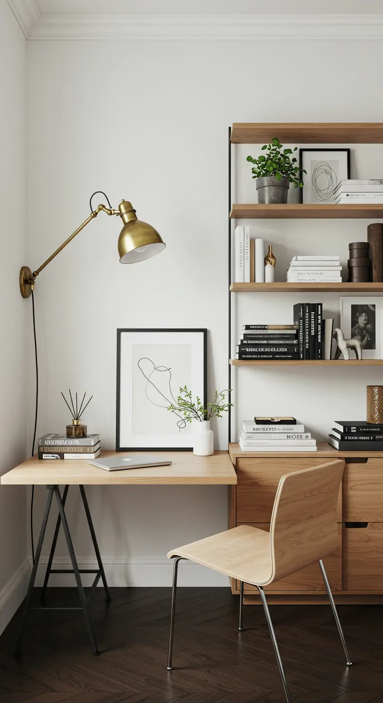 Bureau sur tréteaux avec une applique murale en laiton, à côté d'une étagère en bois clair.