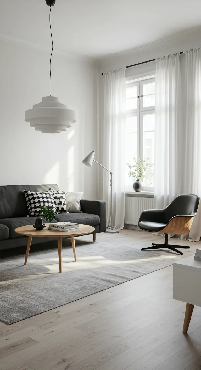 Salon scandinave lumineux avec canapé gris, coussins graphiques et fauteuil noir et bois.