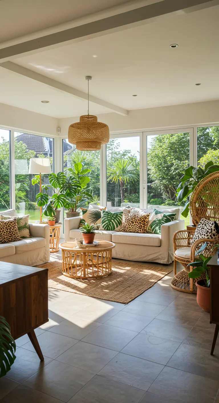 Salon lumineux bohème tropical avec canapés beiges, coussins léopard et table basse en rotin.