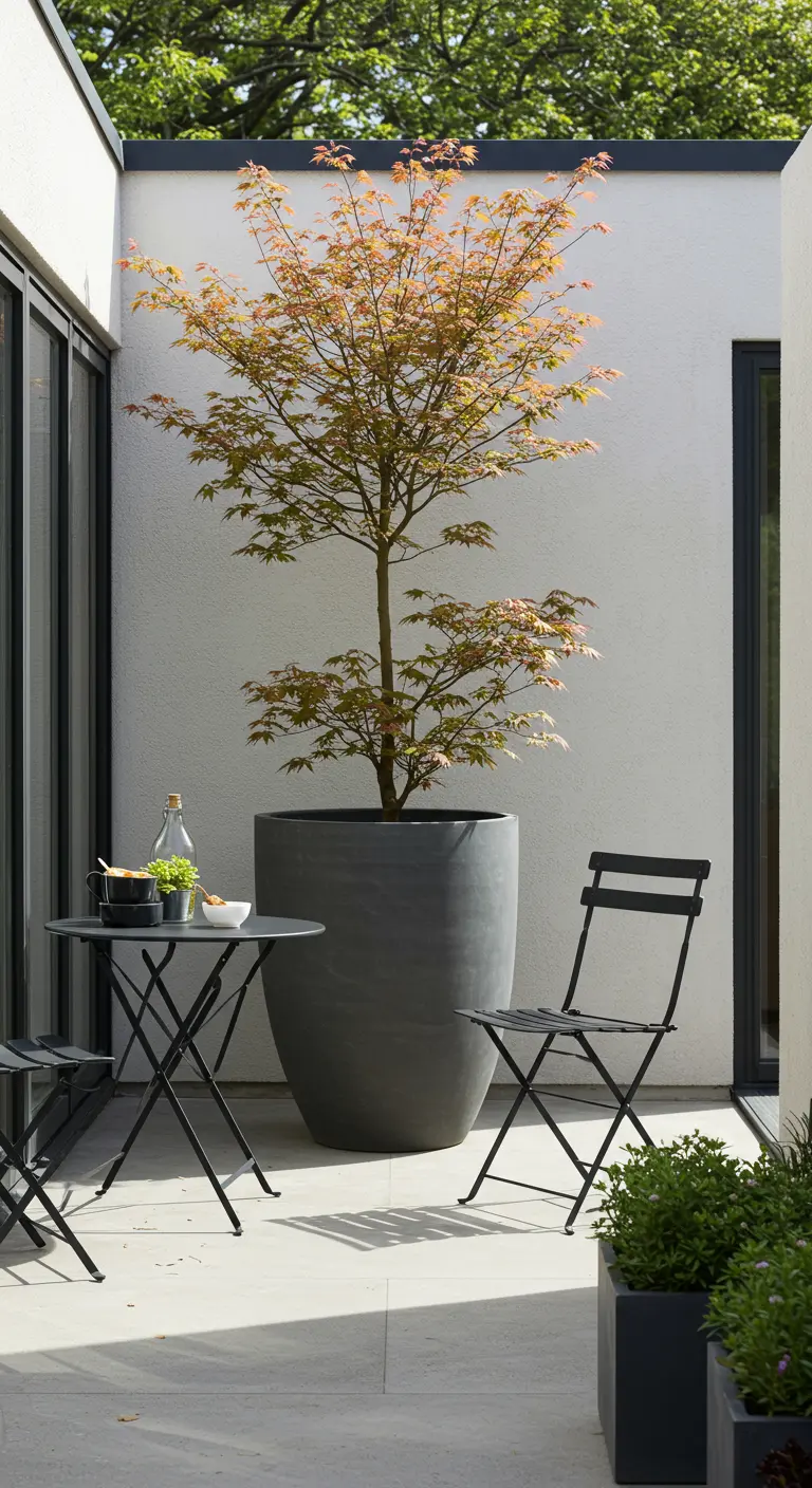 Un érable du Japon dans un grand pot gris sur une terrasse moderne avec du mobilier noir.