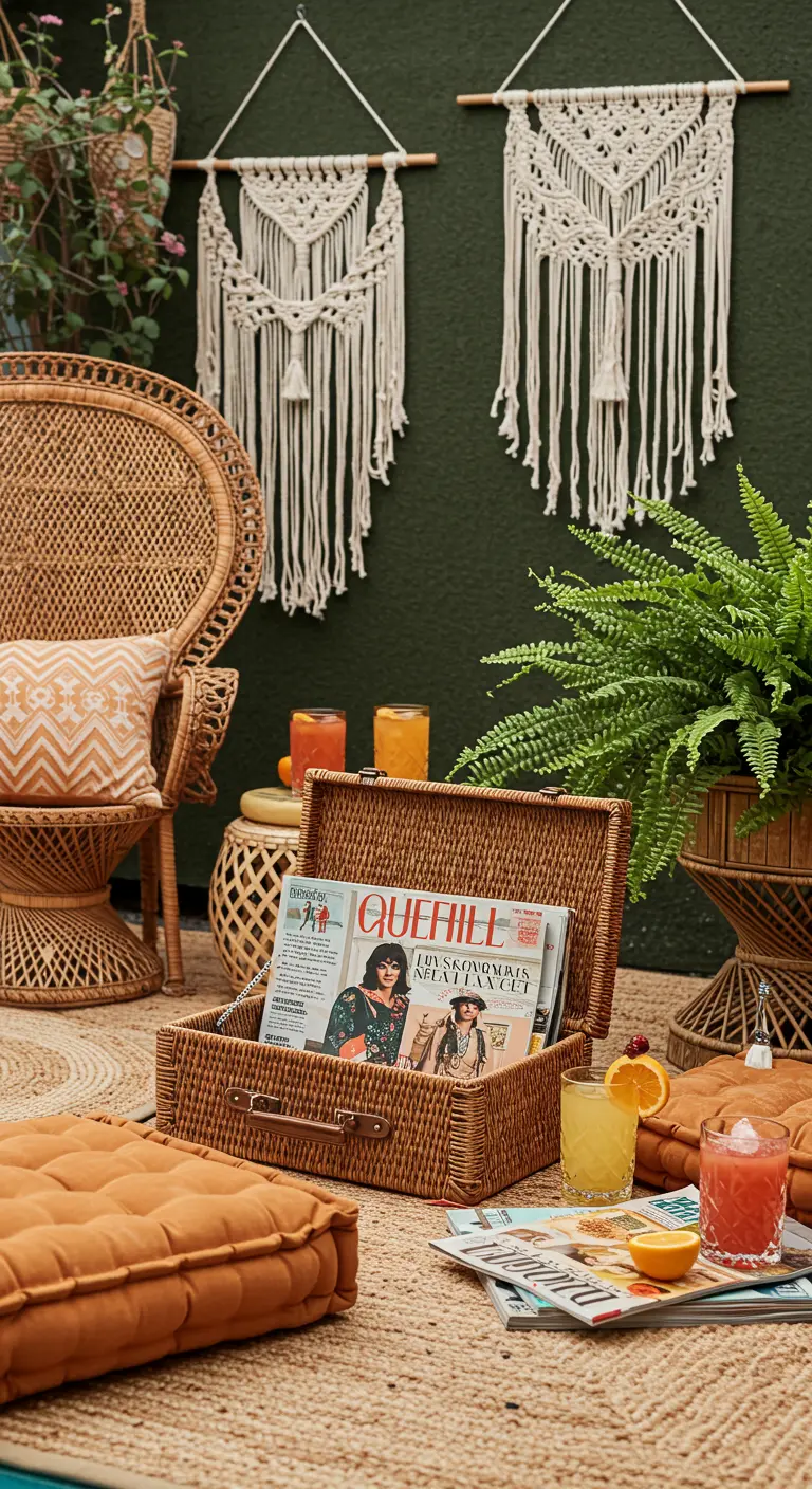 Coin détente bohème avec fauteuil en rotin et valise en osier remplie de magazines.