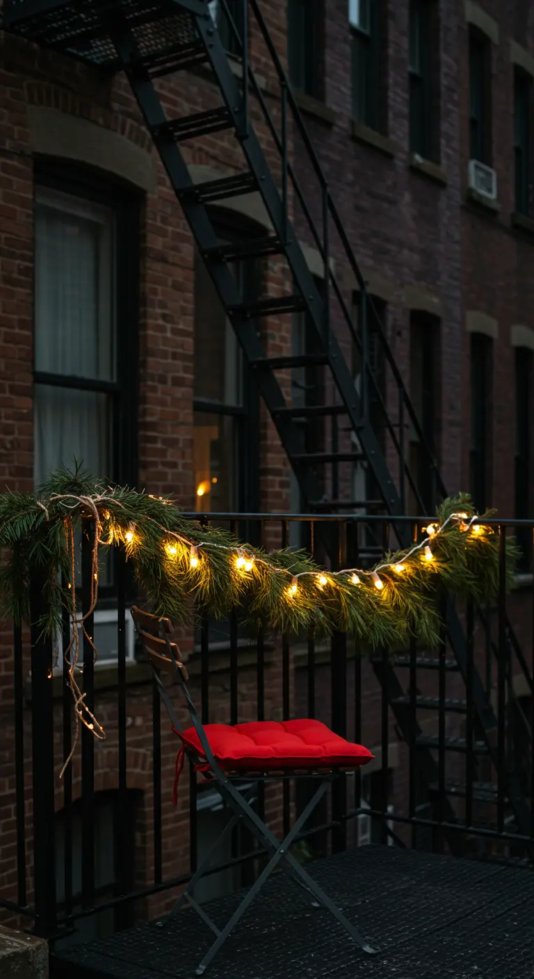 Escalier de secours avec une guirlande lumineuse et une chaise avec un coussin rouge.