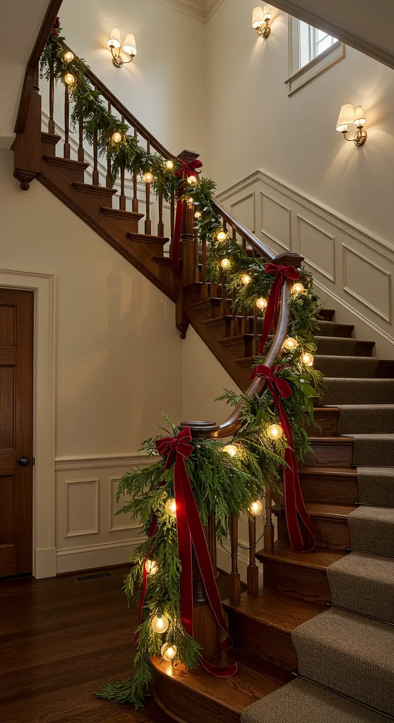 Rampe d'escalier en bois décorée de guirlandes de sapin et de grosses ampoules.