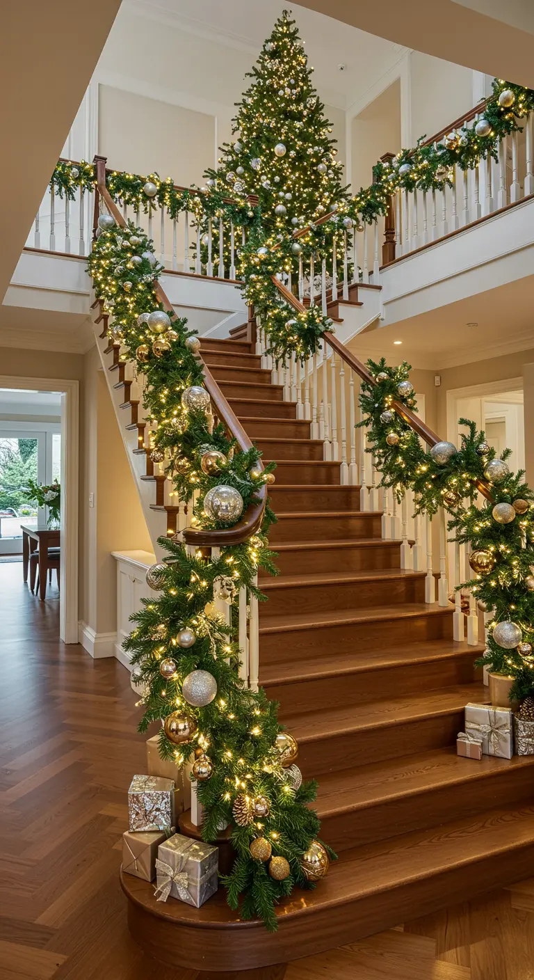 Grand escalier en bois majestueusement décoré de guirlandes de sapin, boules et lumières.