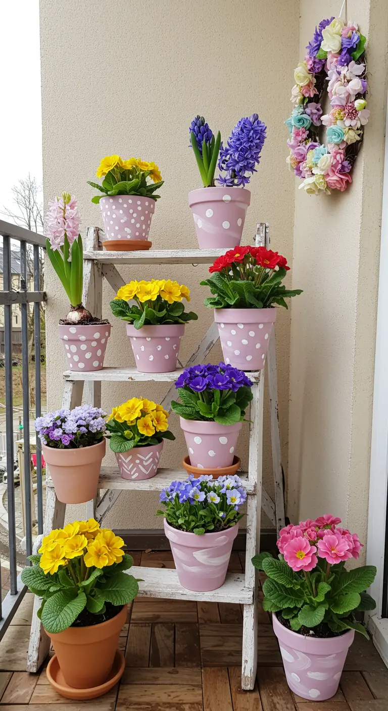 Échelle en bois blanche utilisée comme étagère pour des primevères dans des pots à pois.