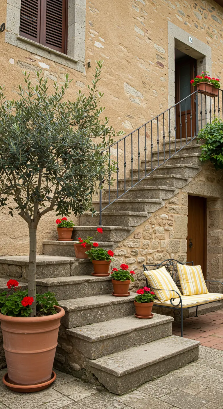 Escalier en pierre bordé de pots de géraniums rouges vifs.