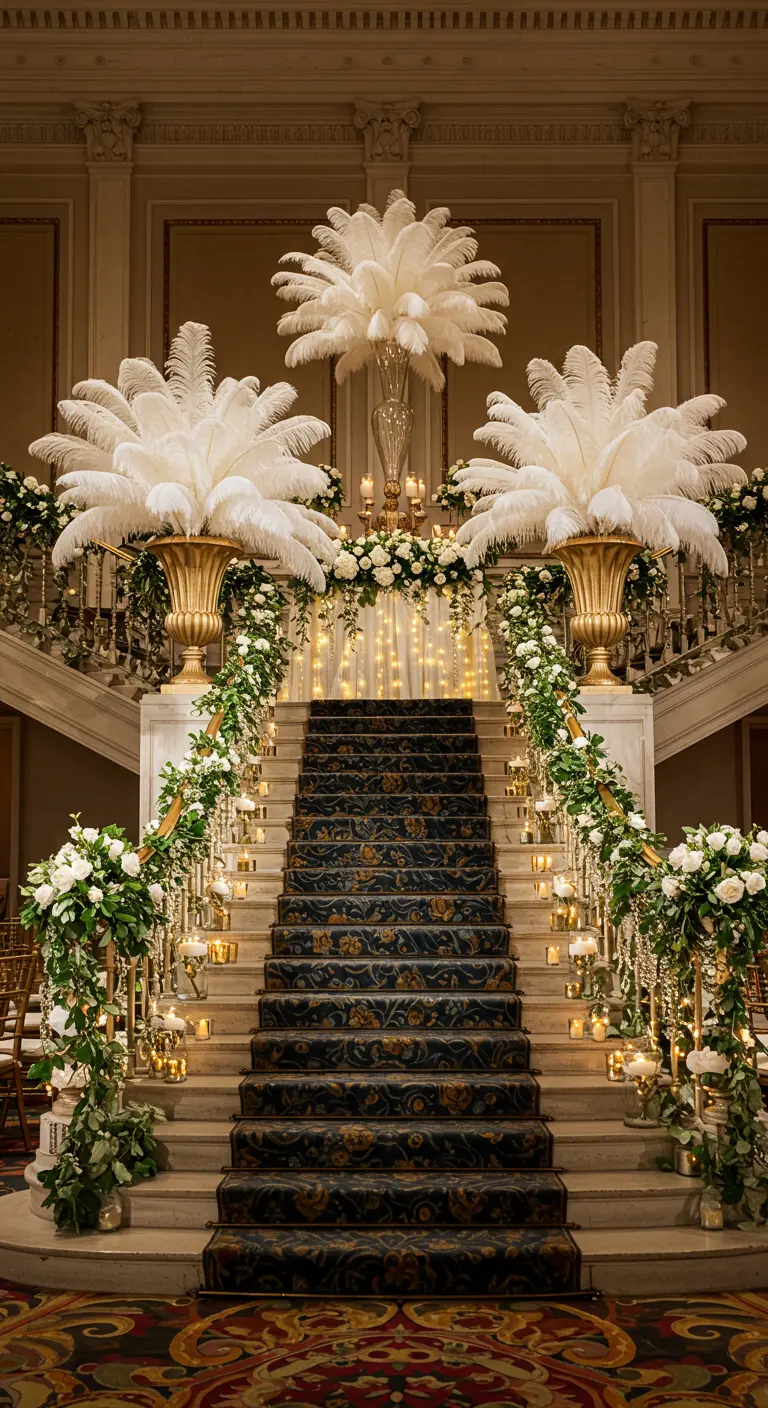 Grand escalier décoré de fleurs blanches, de plumes et de bougies.