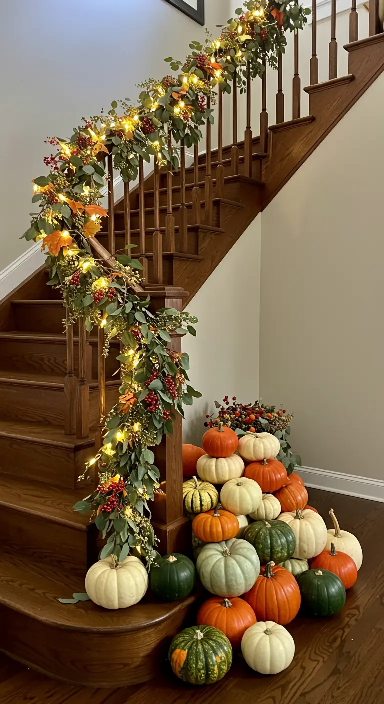 Escalier en bois avec une rampe décorée de guirlandes et un tas de citrouilles