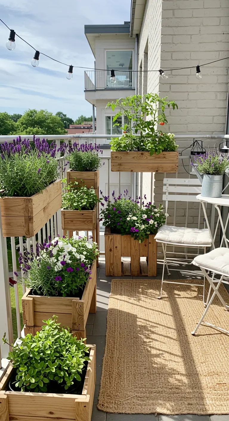 Balcon étroit avec jardinières étagées en bois, lavande, pétunias et guirlande lumineuse.